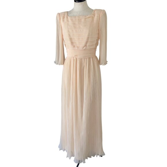 Miss Elliette Vintage Womens Dress Size Small Peach Pleated Chiffon Maxi - Picture 8 of 11